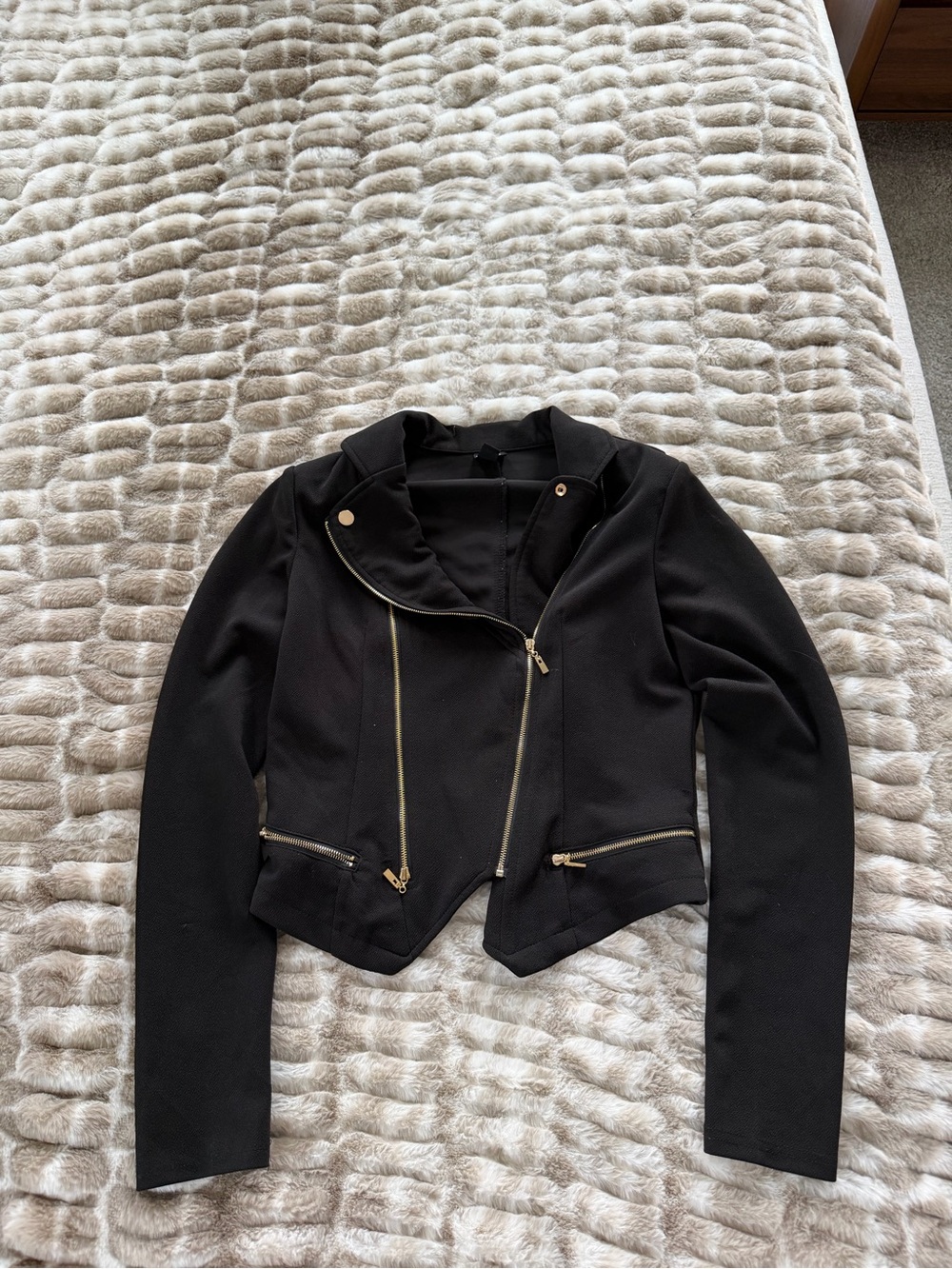 Windsor Black Asymmetrical Zip Blazer with Gold Hardware